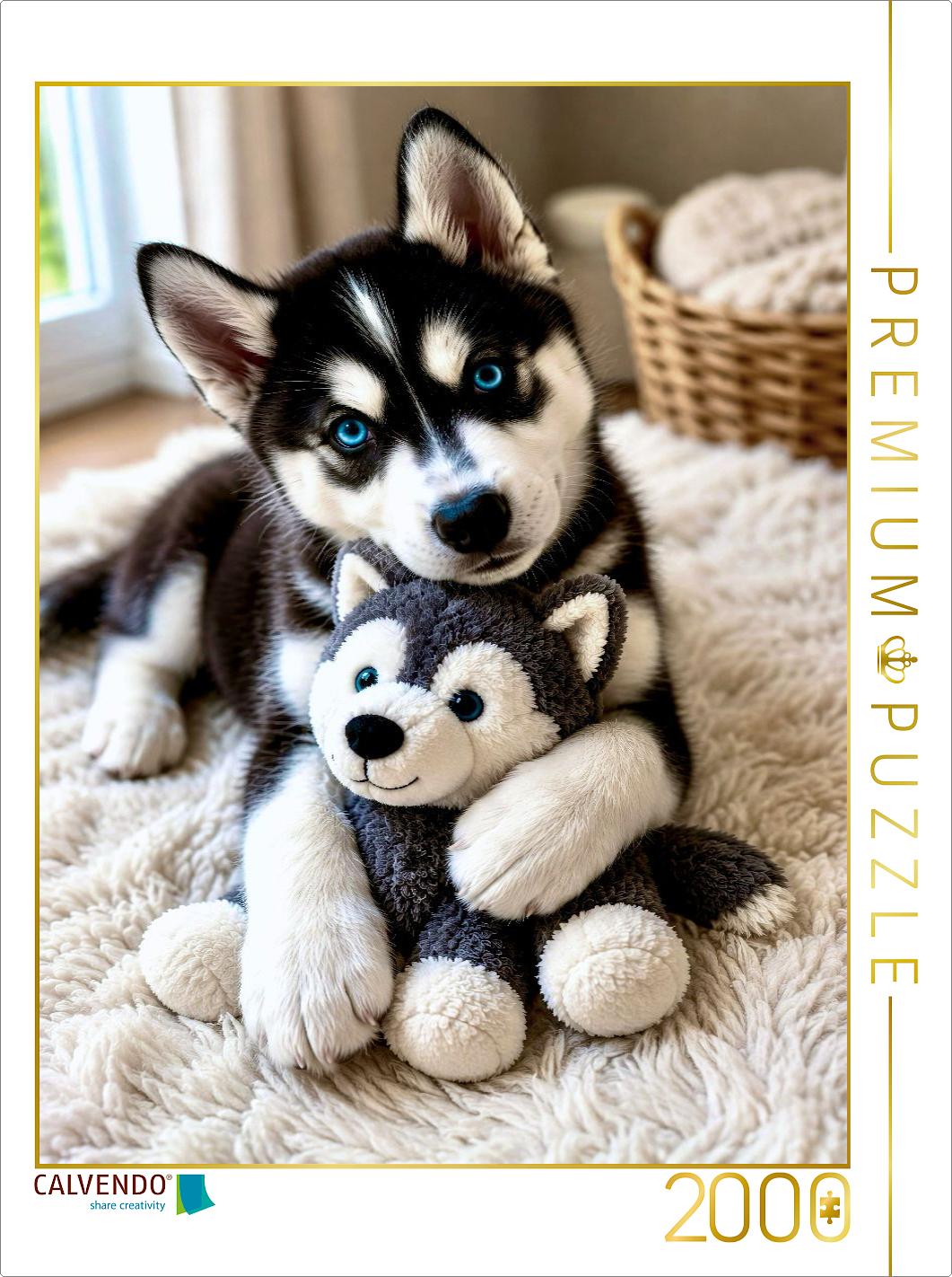 Husky Welpe mit Kuscheltier