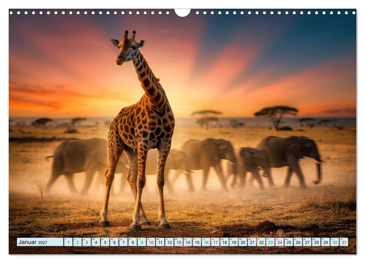 Elefanten und Giraffen im Abendlicht