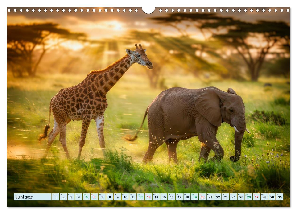 Elefanten und Giraffen im Abendlicht