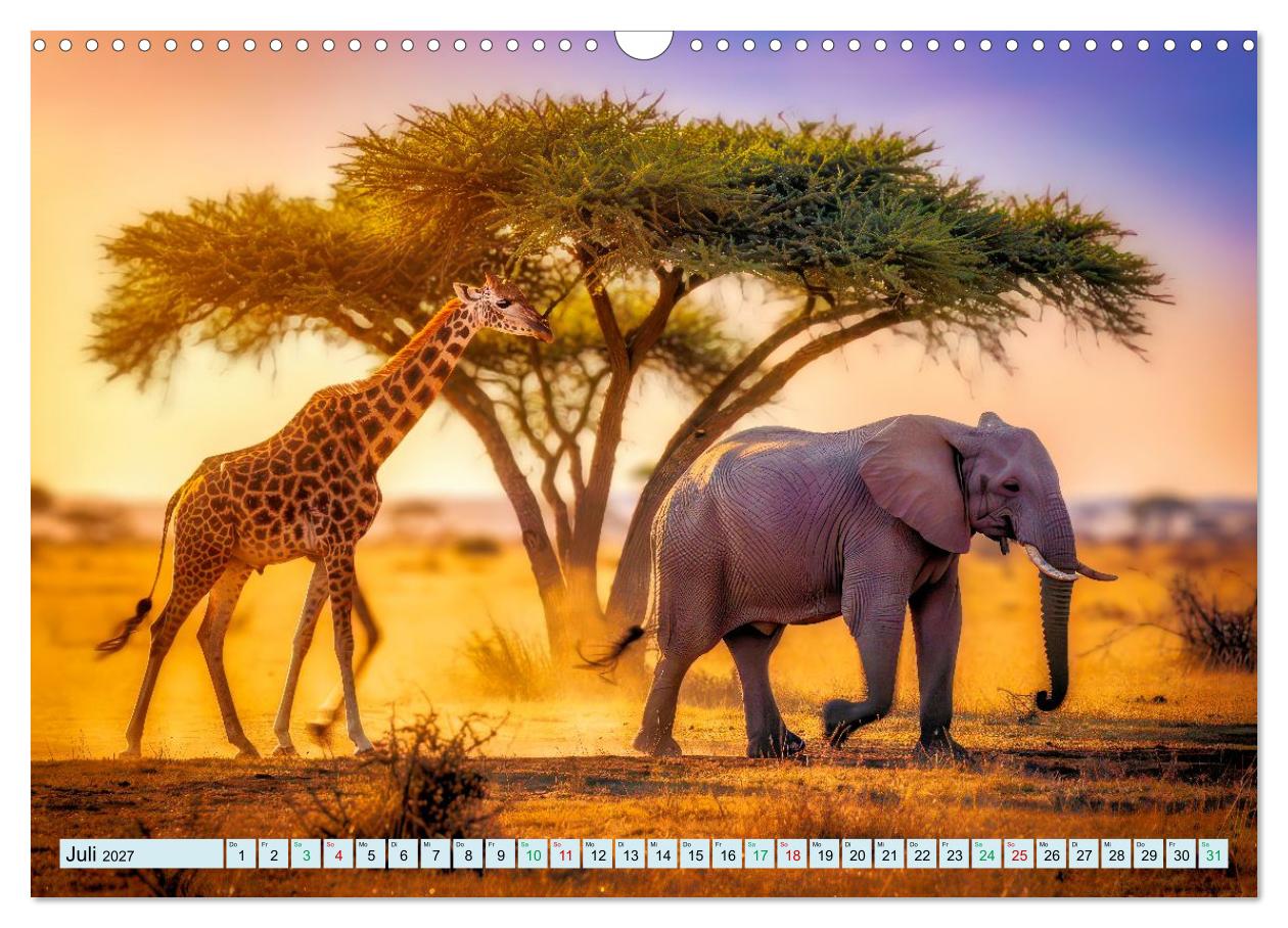 Elefanten und Giraffen im Abendlicht